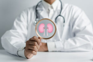 Doctor holding Magnifier glass focus to kidney organ icon