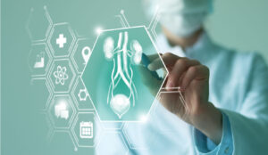 A female doctor holding graphic virtual visualization model of Bladder and Kidneys organ in hands for diagnosis of kidney disease.